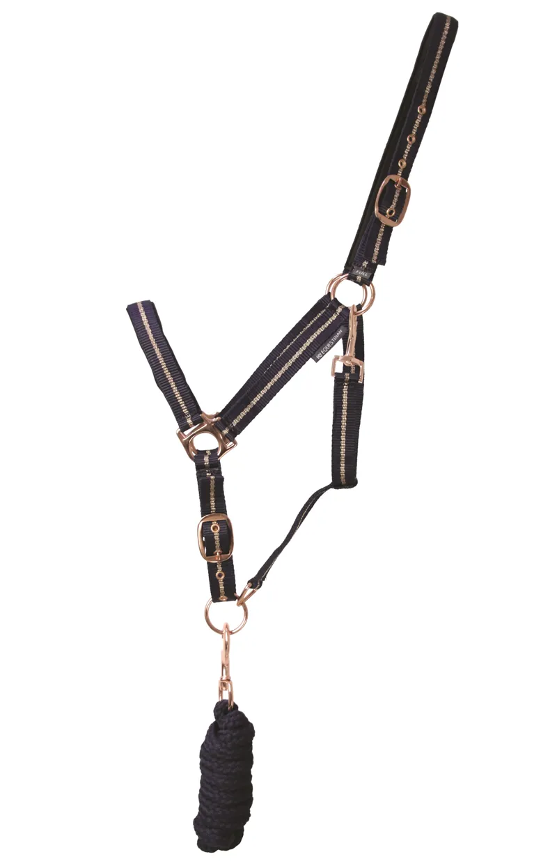 Hy Equestrian Rose Glitter Head Collar and Lead Rope Set - Navy